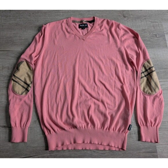 Barbour Clyde V-Neck Pullover Sweater Tartan Plaid Elbow Patches Salmon Size M - Picture 1 of 9